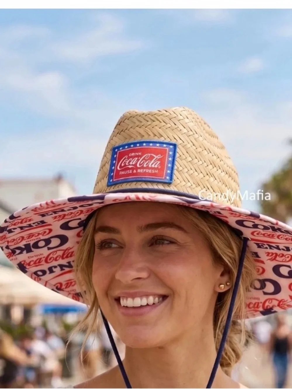 Coca-Cola Branded Straw Sun Hat - Natural Straw with Red & Blue Accents